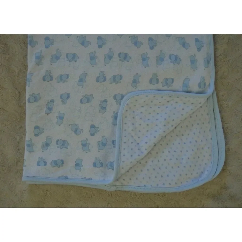 Welcome to the World Blue Elephant Baby Blanket White Stars Reversible Cotton